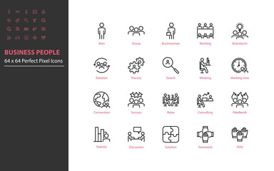set of business people thin line icons perfect pixel 64x64, meeting, team, mangement, human resource