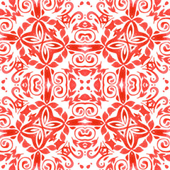 Red seamless ornamental watercolor arabesque paint tile pattern for fabric