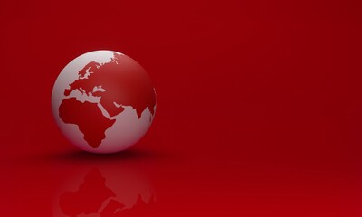Stylized image of the planet Earth with reflection in the floor in red and white colors on a blank red background. 3d rendering.