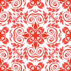 Red seamless ornamental watercolor arabesque paint tile pattern for fabric and ceramics