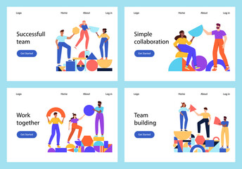 Teamwork, coworking, business partnership concept flat illustration. Characters with abstract geometrical shapes landing page design. Diverse people working together. People organize geometric figures