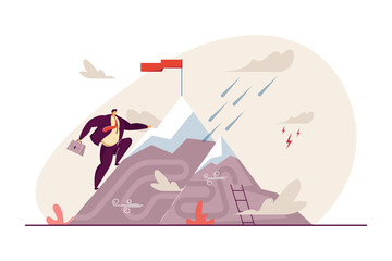 Fototapeta na wymiar Office worker reaching mountain top with flag. Man achieving goal, perseverance flat vector illustration. Challenge, belief, effort, ambition concept for banner, website design or landing web page