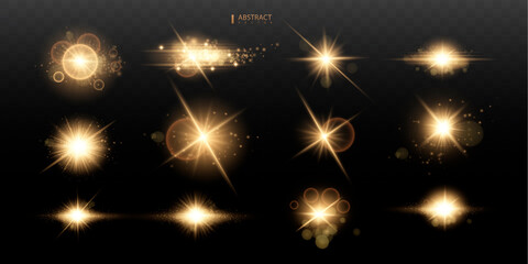 Set Shining star, the sun particles and sparks with a highlight effect, color bokeh lights glitter and sequins. On a dark background transparent. Vector, EPS10