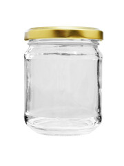 Empty jar made of clear glass, closed with a metal lid. Isolated on a white background