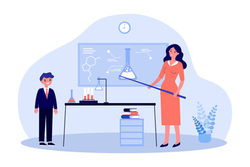 Female teacher explaining chemistry to boy. Lesson, school, flask flat vector illustration. Education and study concept for banner, website design or landing web page