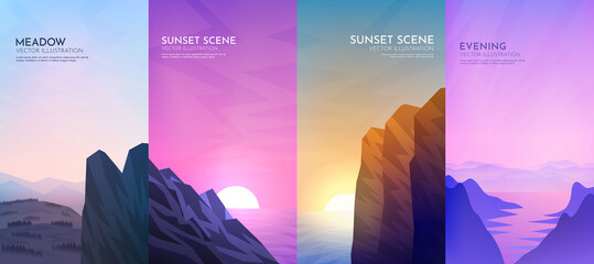 Vector illustration. Flat background set. Minimalist style. 4 landscapes collection. Mountains near water, sunset scene, meadow and rock. Geometric design. Design for flyer, coupon, voucher, wallpaper