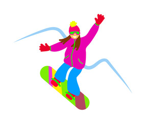 Girl snowboarder performs tricks on the board. Cartoon. Vector illustration.