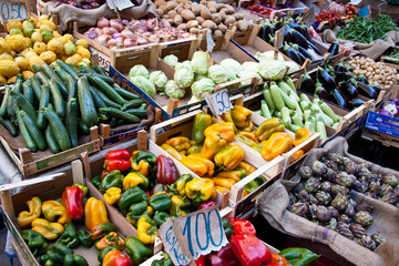 Bountiful food market stall in Sicilia