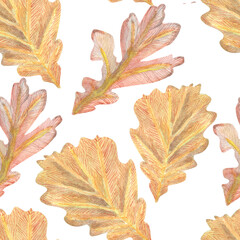 Seamless watercolor oak leaves pattern. Autumn tracery. Natural tile pattern.