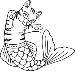 Cat Mermaid Tattoo Stencil T-shirt Print