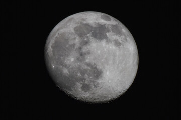 the full moon hangs in the evening sky