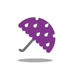 Purple umbrella with white drops pattern and grey handle, isolated on white background