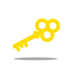 Golden yellow key with shadow, isolated on white background
