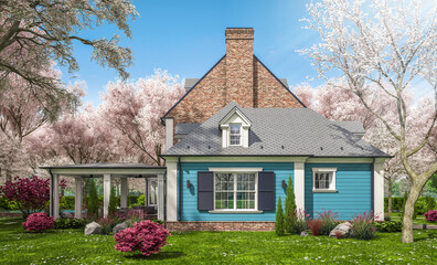 3d rendering of modern cozy classic house in colonial style with garage and pool for sale or rent with beautiful landscaping Fresh spring day with a blooming trees with flowers of sakura on backgraund