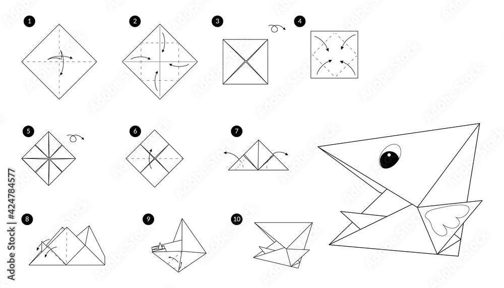 Poster bird head origami line monochrome instruction step by step. illustration how to make chick beak from