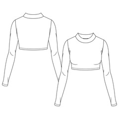 Women Mock Neck Crop Top fashion flat sketch template. Girls Technical Fashion Illustration. Long Sleeves. stretch knit