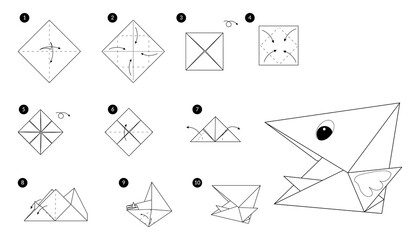 Bird  head origami line monochrome instruction step by step. Illustration how to make  chick  beak from paper.