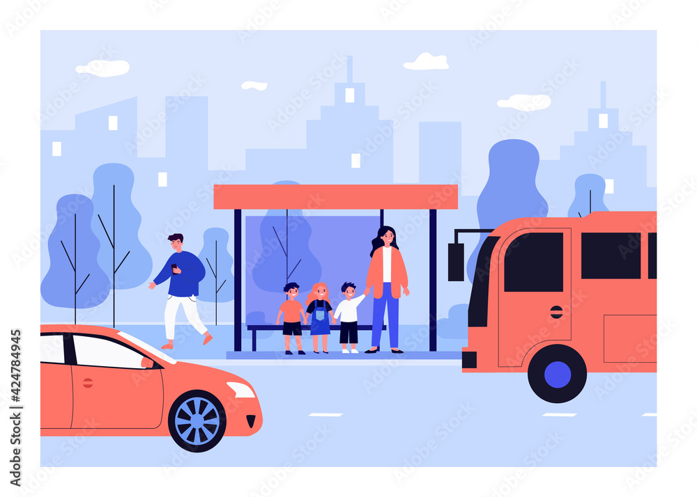 Wall mural Smiling woman standing with kids on bus stop. Vehicle, children, city flat vector illustration. Transportation and urban lifestyle concept for banner, website design or landing web page - Wall murals