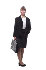 Full body of an attractive woman wearing black business suit and with briefcase