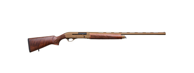 Modern semi-automatic shotgun with a wooden butt isolate on a white background. Weapons for hunting, sports and self-defense. Shotgun in bronze color.