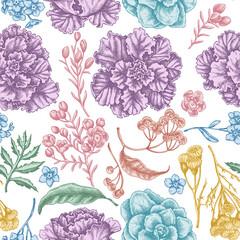 Seamless pattern with hand drawn pastel wax flower, forget me not flower, tansy, ardisia, brassica, decorative cabbage