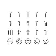 Icon set of screw and nails, nuts, bolts, rivets and nails for fastening and fixing. Workshop assortment. Vector icons for web design isolated on white background. Editable stroke