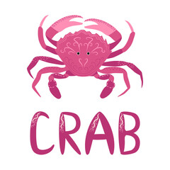 Funny red crab hand drawn and signed animal. Cute marine life, Scandinavian style, detailed