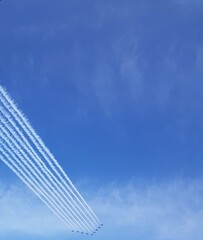 Fototapeta na wymiar Red Arrows flypast on VE day against clear blue sky