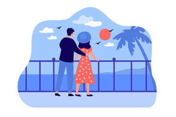 Cartoon tourist couple hugging and enjoying seascape at sunset. Flat vector illustration. Man and woman standing on seafront and admiring view. Tourism, romantic vacation, seaside resort concept