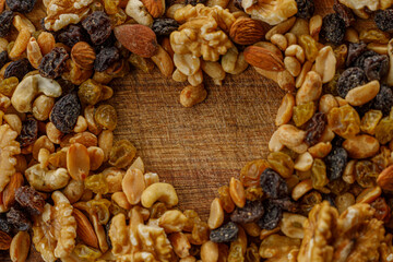 Macro shot of raisins and variety of nuts, grouped together. Texture. Background. Text background. Almonds, walnuts, hazelnuts, peanuts.