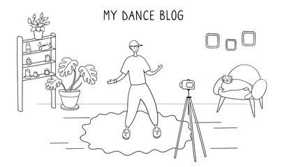 Dance star is recording video for his blog. Challenge concept. Young man learning moves with online classes and tutorials. Male influencer writes video blog for subscribers. Vector illustration