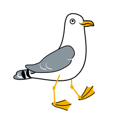 Obraz premium Walking seagull vector doodle illustration isolated on white background. Comic cartoon character seabird gull for t-shirt, print, card design.