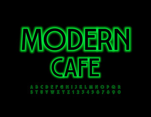 Vector stylish sign Modern Cafe. Green Neon Font. Set of glowing Alphabet Letters and Numbers