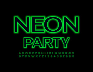 Vector modern flyer Neon Party. Black Font with glowing Effect. Set of Alphabet Letters and Numbers