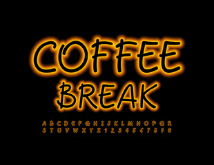 Vector creative sign Coffee Break. Handwritten Glowing Font. Black Alphabet Letters and Numbers set with Neon effect
