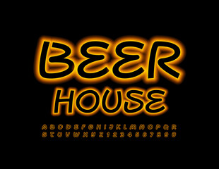 Vector creative logo Beer House. Glowing handwritten Font. Neon Alphabet Letters and Numbers set