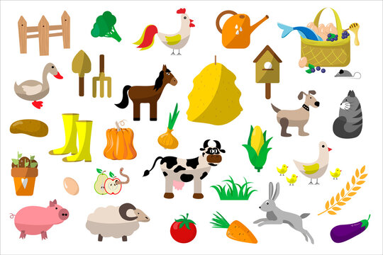 Farm big set. Pets and household items. Hay, cow, horse, pig, boots, shovel, pitchfork, grass, egg, basket, cat, dog, watering can, rooster, hare, chicken, wheat, vegetables