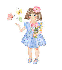 Adorable hand painted watercolor baby girl in dress with a bunch of spring flowers and butterflies, isolated illustration. Smiling happy kid painting. For mothers or fathers day card