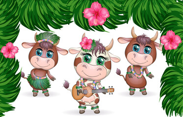 Tropical new year 2021, celebration. Group of cows and bulls as hula dancers with acoustic ukulele guitars, Hawaii
