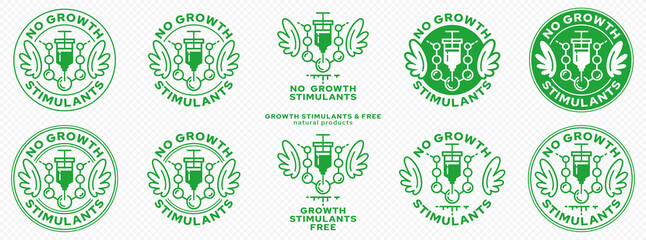 Concept for packaging. Without growth stimulants.A stamp with wings and a syringe with a hormonal drug and a molecule - as a symbol of freedom from injection and artificial growth of a molecule.Vector