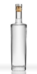 Bottle of transparent glass, with gin, tequila, rum or vodka, isolated on pure white background. - 424792938