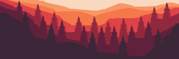 Fototapeta premium Vector flat design of sunset over mountain good for desktop wallpaper, web banner, and apps background 
