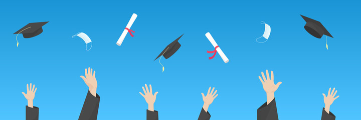 Students throw mortarboards, diplomas and masks into air. Graduation ceremony. Vector illustration.