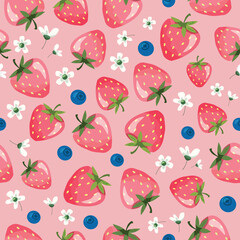 Fruits summer seamless pattern. Strawberry, cherry, and blossom. Cartoon bright background for textile, fabric, birthday wrapping paper. Vector
