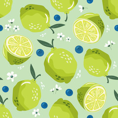Summer seamless pattern with lime and blossom. Sweet tropical background for textile, fabric, decorative paper. Vector
