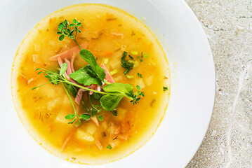 split peas soup on the white plate