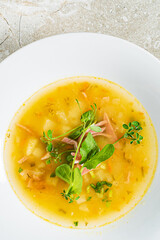 split peas soup on the white plate