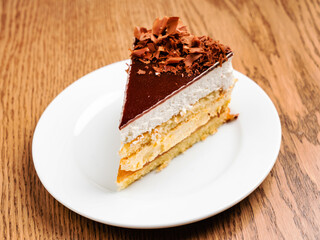 slice of chocolate cake on white plate