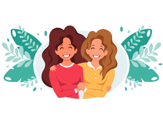 Lesbian couple.  Womens hugging. LGBT concept. Vector illustration in flat style.	