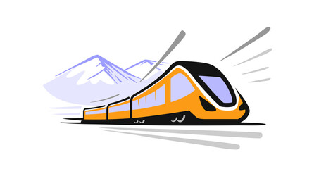 Modern high speed train logo with mountain. Locomotive transport color sign
